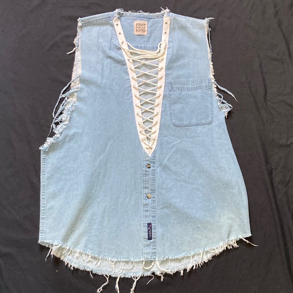 Furst of a Kind Vintage Denim Shirt Dress Lace Up Distressed Edge Button Up